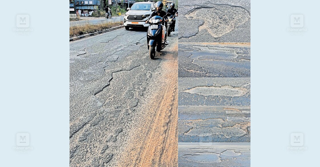 കാസർകോട് - കാഞ്ഞങ്ങാട് സംസ്ഥാനപാതയിൽ ചന്ദ്രഗിരി പാലത്തിനു സമീപത്തുള്ള കുഴികൾ. ചിത്രം/മനോരമ  