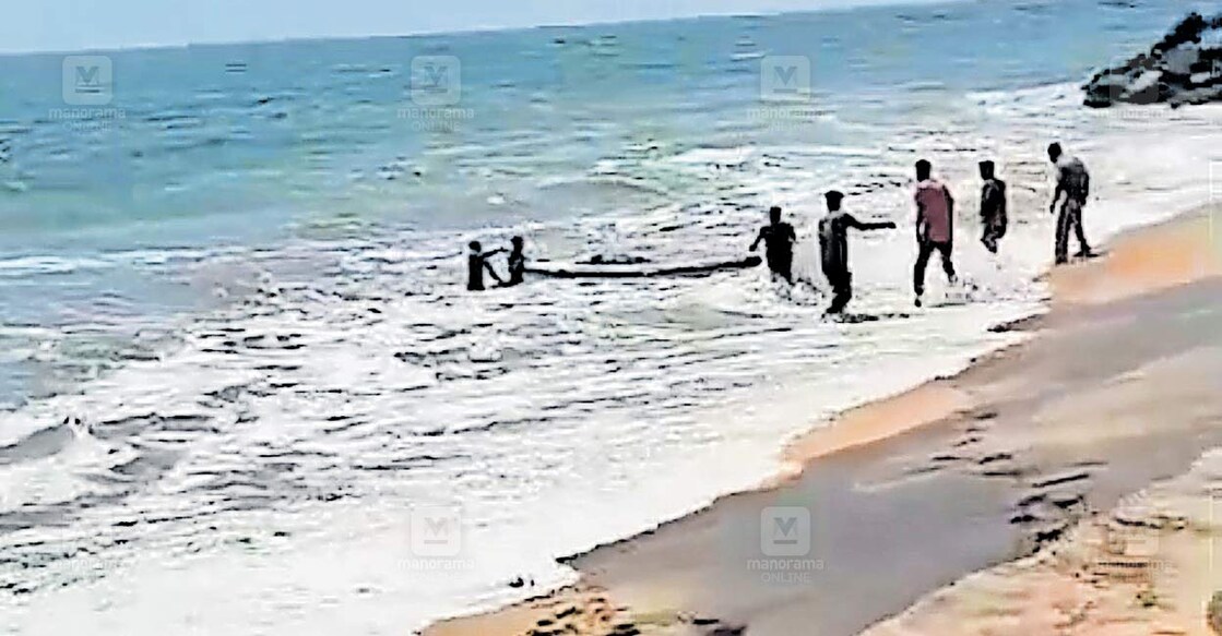 sea പരവൂർ താന്നി തീരത്ത് കഴിഞ്ഞ ദിവസം കടലിൽ ഒഴുക്കിൽപ്പെട്ട വിദ്യാർഥിനികളെ രക്ഷിക്കുന്നതിനിടയിൽ അപകടത്തിൽപ്പെട്ട യുവാവിനെ മത്സ്യത്തൊഴിലാളികളും ഫയർ ഫോഴ്സും ചേർന്നു ഫൈബർ കട്ട മരത്തിൽ കരയ്ക്കെത്തിക്കുന്നു. (വീഡിയോ ദൃശ്യം)