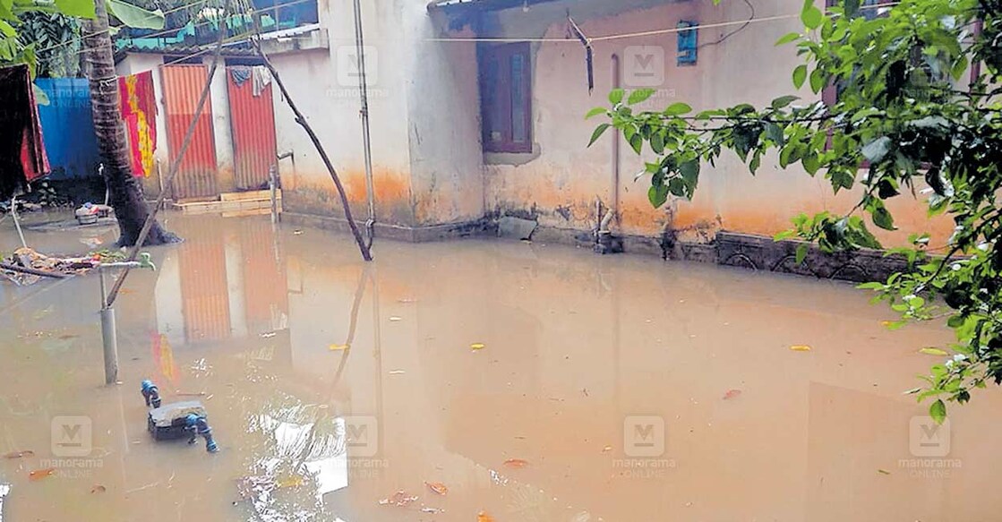 ഏതാനും ദിവസം മുൻപ് ഉണ്ടായ മഴയിൽ വെള്ളക്കെട്ടിലായ തെക്കുംഭാഗം ഊളന്തടത്തെ വീട്  
