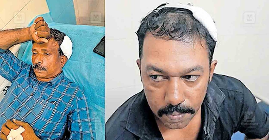 പ്രതിയെ പിടിക്കുന്നതിനിടെ പരുക്കേറ്റ എസ്ഐ സോമരാജനും എസ്‌സിപിഒ സന്തോഷ് ലാലും  