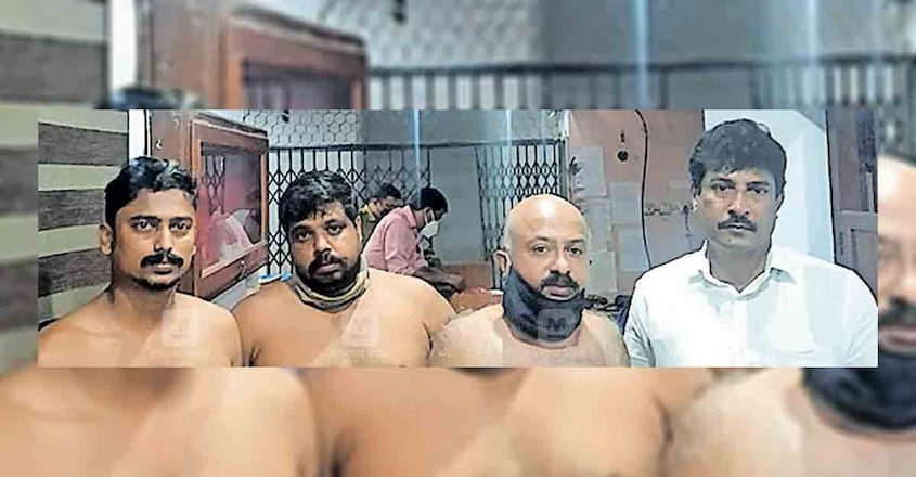 അറസ്റ്റിലായ കെ. സുജേഷ് (വിനോദ്), സി.വി. ഏലിയാസ്കുട്ടി, ജോസ് കെ. സെബാസ്റ്റ്യൻ, റെജി പ്രോത്താസീസ് എന്നിവർ. അറസ്റ്റിലായ കെ. സുജേഷ് (വിനോദ്), സി.വി. ഏലിയാസ്കുട്ടി, ജോസ് കെ. സെബാസ്റ്റ്യൻ, റെജി പ്രോത്താസീസ് എന്നിവർ.