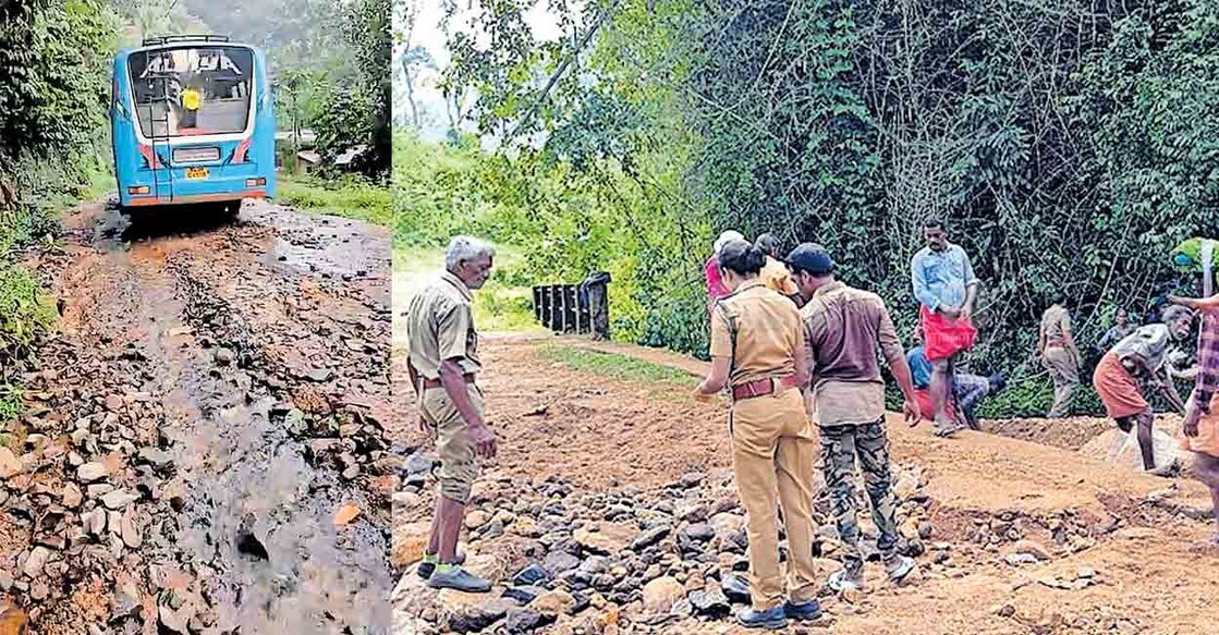 ശബരിമല തീർഥാടക വാഹനങ്ങളും നൂറുകണക്കിനു നാട്ടുകാരും ആശ്രയിക്കുന്ന പേരൂത്തോട് – 35 ൽ റോഡിലെ ചപ്പാത്ത് ഭാഗം തകർന്ന നിലയിൽ.
എരുമേലി കാനന പാതയിലെ അരശുമുടിക്കോട്ടയ്ക്കും കാളകെട്ടിക്കും ഇടയിലുള്ള പാറത്തോട് ഭാഗത്ത് ചപ്പാത്ത് കനത്ത മഴയിൽ തകർന്നതിനെ തുടർന്ന് വനം വകുപ്പ് ഉദ്യോഗസ്ഥരും വനസംരക്ഷണ സമിതി അംഗങ്ങളും ചേർന്ന് പൂർവ സ്ഥിതിയിലാക്കുന്നു.  