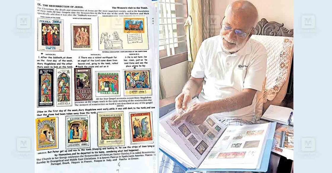 kottayam-kt-joseph-stamp-collection കടുത്തുരുത്തി മാന്നാർ കയ്യാലയ്ക്കൽ കെ.ടി.ജോസഫിന്റെ (ജോയി) ശേഖരത്തിലുള്ള ക്രിസ്തുവിന്റെ ഉയിർപ്പുമായി ബന്ധപ്പെട്ട സ്റ്റാംപുകൾ.