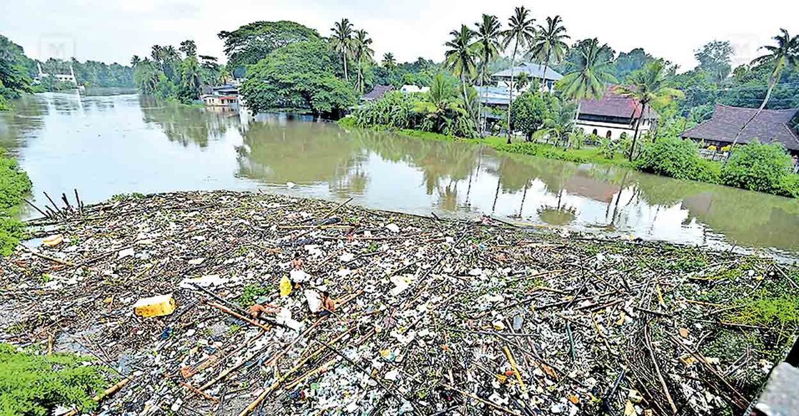 മഴയെത്തുടർന്ന് മീനച്ചിലാറ്റിൽ താഴത്തങ്ങാടി പാലത്തിനു താഴെ 
അടിഞ്ഞുകൂടിയ മാലിന്യം. (ഫയൽ ചിത്രം)