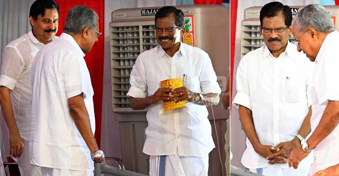 cm-and-thomas-chazhikadan 1) തിരുനക്കരയിൽ നടന്ന നവകേരള സദസ്സിൽ പങ്കെടുത്ത ശേഷം മടങ്ങുന്ന മുഖ്യമന്ത്രി പിണറായി വിജയനും തോമസ് ചാഴികാടൻ എംപിയും പരസ്പരം അഭിവാദ്യം ചെയ്തപ്പോൾ. 2) തിരുനക്കരയിൽ നടന്ന നവകേരള സദസ്സിന്റെ വേദിയിലേക്കെത്തുന്ന മുഖ്യമന്ത്രി പിണറായി വിജയന് സമീപം തോമസ് ചാഴികാടൻ എംപി. ചിത്രങ്ങൾ : അഭിജിത്ത് രവി ∙ മനോരമ