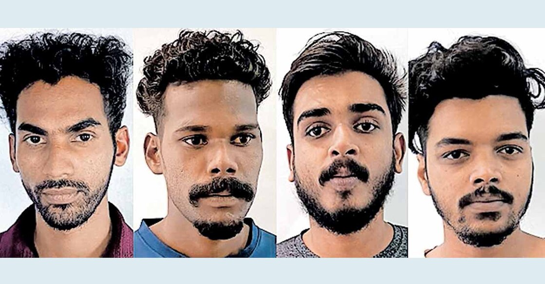 കഞ്ചാവ് കേസിൽ മുണ്ടക്കയത്ത് അറസ്റ്റിലായ എം.എസ്.ഉണ്ണിക്കുട്ടൻ, എൻ.എം. ദിനുക്കുട്ടൻ, അലൻ കെ.അരുൺ, അഖിൽ അജി