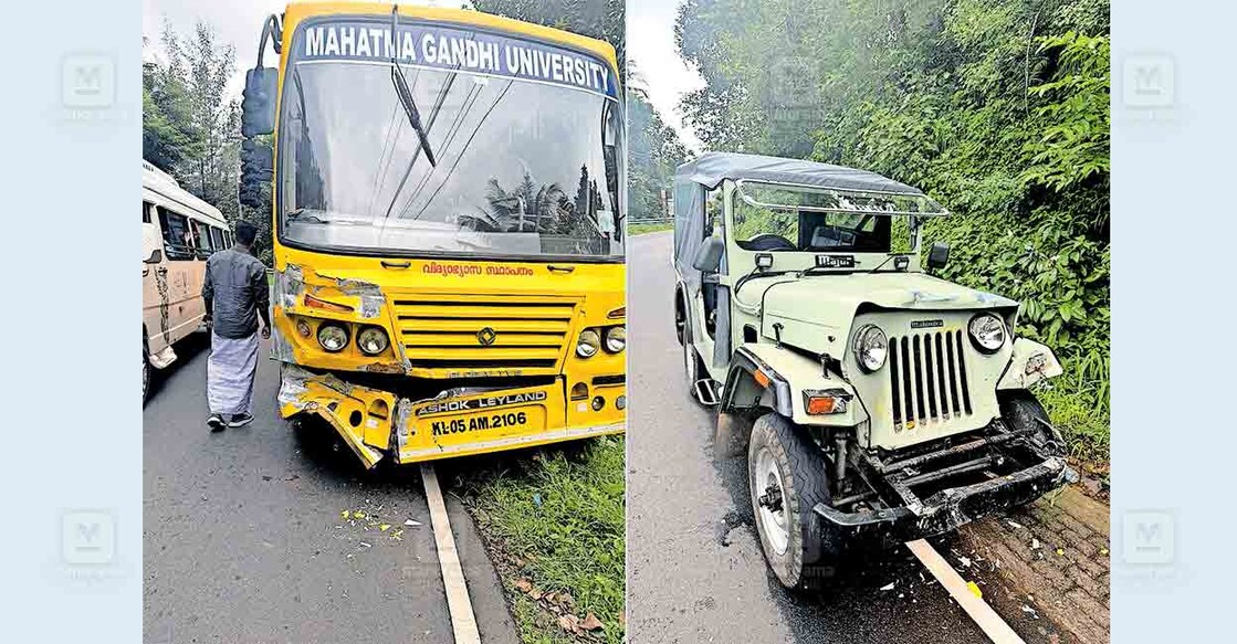 1. തീക്കോയി വാഗമൺ റോ‍ഡിൽ വെള്ളികുളത്തിനു സമീപം ജീപ്പുമായി കൂട്ടിയിടിച്ച ബസ്. 2. തീക്കോയി വാഗമൺ റോഡിൽ വെള്ളികുളത്തിനു സമീപം ബസുമായി കൂട്ടിയിടിച്ച ജീപ്പ്.  