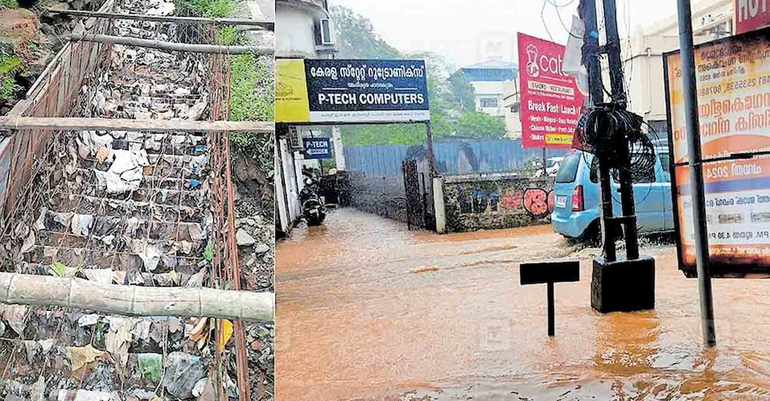 ചിത്രം–1. ഒഴുകിയെത്തുന്ന മാലിന്യം മൂലം നിർമാണം വൈകുന്ന കോണിക്കൽ ഭാഗത്തെ ഓട നിർമാണം. ചിത്രം –2. കഴിഞ്ഞ ദിവസം പെയ്ത മഴയിൽ ഓട നിറഞ്ഞു കവിഞ്ഞ് പേരൂർ കവല വെള്ളക്കെട്ടിലായപ്പോൾ.