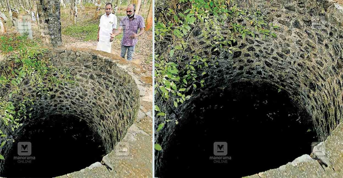 കുറവിലങ്ങാട് കടപ്ലാമറ്റം ഇലയ്ക്കാട് കിണറ്റിലേക്ക് 
ലഹരിയിൽ അക്രമി തന്നെ തള്ളി വീഴ്ത്തിയ 
സംഭവം കെ.ജെ.ജോൺസൺ (വലത്) കടപ്ലാമറ്റം 
ഗ്രാമപ്പഞ്ചായത്തംഗം എ.ആർ‍.ശശിധരൻ നായരോടു വിവരിക്കുന്നു. ചിത്രം : റസൽ ഷാഹുൽ / മനോരമ  