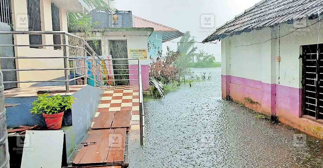 കരീമഠം ഗവ. വെൽഫെയർ യുപി സ്കൂൾ മൈതാനത്ത് വെള്ളം കയറിക്കിടക്കുന്നു. വികെവി 
പാടശേഖരവും പിന്നിൽ കാണാം.  
