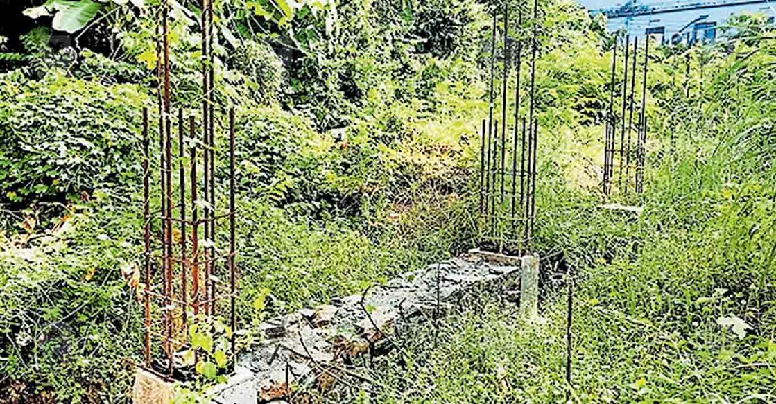 ഫറോക്ക് ടൗണിൽ മത്സ്യമാർക്കറ്റ് നിർമാണം മുടങ്ങിക്കിടക്കുന്ന പ്രദേശം കാടുകയറിയ നിലയിൽ.  