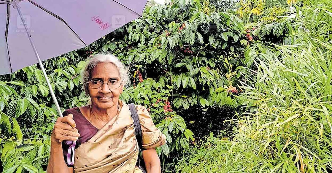 വനമിത്ര അവാർഡ് ജേതാവ് ആർ.ഇന്ദിര തന്റെ തോട്ടത്തിൽ.  