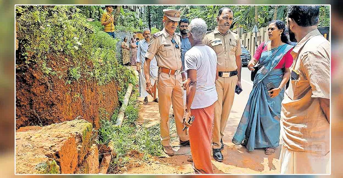 കഴിഞ്ഞ ശനിയാഴ്ച മന്ത്രി പി.എ.മുഹമ്മദ് റിയാസ് ഉദ്ഘാടനം ചെയ്ത കല്ലാച്ചി മിനി ബൈപാസിൽ മതിൽ നിർമിക്കുന്നത് പൊലീസ് സബ് ഇൻസ്പെക്ടർ ഇ.കെ.അബൂബക്കറും സംഘവുമെത്തി വിലക്കുന്നു. വാർഡ് മെംബർ നിഷ മനോജ്, റോഡ് കമ്മിറ്റി കൺവീനർ മോഹൻദാസ് തുടങ്ങിയവർ സമീപം.  
