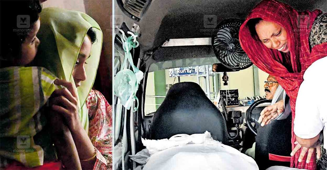 1) ഭർത്താവിന്റെ കുത്തേറ്റു മരിച്ച ഷിബിലയുടെ മകൾ ഇഷ്‌വ ഐറിനെ എടുത്ത് ആശ്വസിപ്പിക്കുന്ന ഷിബിലയുടെ സഹോദരി സന. 2) ഷിബിലിയുടെ മൃതദേഹം മാതാവ് ഹസീന ആംബുലൻസിൽ കയറി  അവസാനമായി കാണുന്നു.  ചിത്രങ്ങൾ: മനോരമ