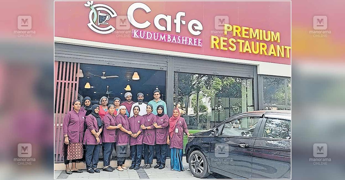 cafa കളത്തിങ്ങൽ ഷരീഫയും സഹപ്രവർത്തകരും കോട്ടയ്ക്കലിൽ പുതുതായി ആരംഭിച്ച കുടുംബശ്രീ പ്രീമിയം കഫെറ്റീരിയയുടെ മുന്നിൽ.