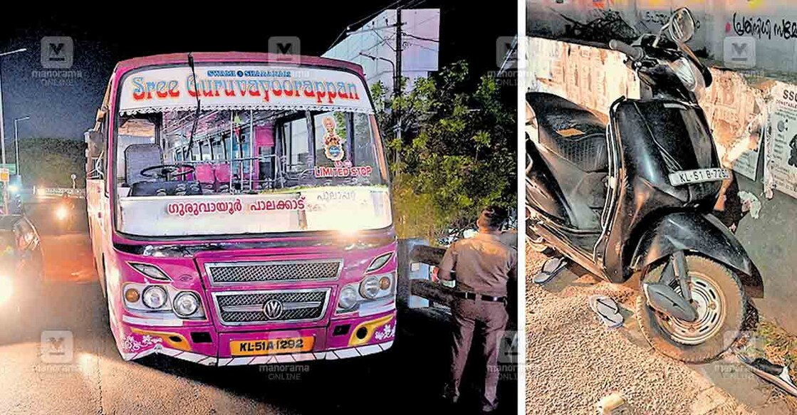 1.പാലക്കാട് ബിഒസി പാലത്തിനു മുകളിൽ സ്കൂട്ടർ ഇടിച്ചിട്ട ബസ് പാലത്തിൽത്തന്നെ നിർത്തിയിട്ടിരിക്കുന്നു. 2.അപകടത്തിൽപെട്ട സ്കൂട്ടർ. ഇതിൽ യാത്ര ചെയ്തിരുന്ന സ്ത്രീയാണു മരിച്ചത്. ചിത്രങ്ങൾ: മനോരമ  
