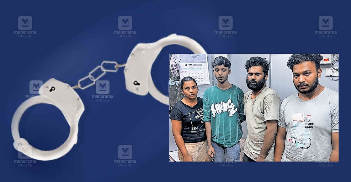 വാളയാറിൽ എംഡിഎംഎയുമായി അറസ്റ്റിലായ അശ്വതി, മകൻ ഷോൺ സണ്ണി, മൃദുൽ, അശ്വിൻലാൽ. 