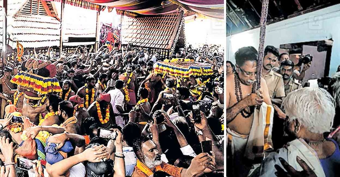 thiruvabharanam-procession-valiyakoyikkal-temple 1. മകരവിളക്കിന് ശബരിമലയിൽ അയ്യപ്പനു ചാർത്താനുള്ള തിരുവാഭരണം വഹിച്ചുകൊണ്ടുള്ള ഘോഷയാത്ര പന്തളം വലിയകോയിക്കൽ ക്ഷേത്രത്തിൽ നിന്നു പുറപ്പെട്ടപ്പോൾ. 2. ഘോഷയാത്രയെ നയിക്കുന്ന രാജപ്രതിനിധി രാജരാജവർമ കൈപ്പുഴ വടക്കേമുറി കൊട്ടാരത്തിലെത്തിയപ്പോൾ ഇളമുറത്തമ്പുരാട്ടി അംബാലികത്തമ്പുരാട്ടിയിൽ നിന്നു ഉടവാൾ ഏറ്റുവാങ്ങിയപ്പോൾ.
