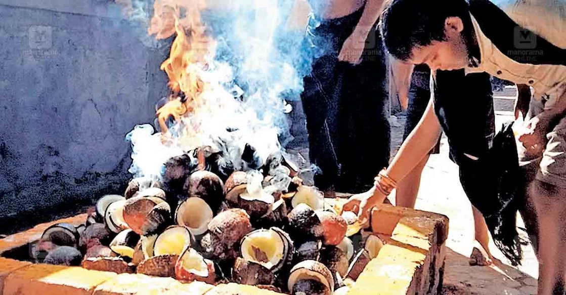 ശബരിമലയിൽ ദർശനം ലഭിക്കാതെ വന്ന കുട്ടികളടങ്ങുന്ന തീർഥാടകസംഘം പന്തളം വലിയകോയിക്കൽ ക്ഷേത്രമുറ്റത്തൊരുക്കിയ ആഴിയിൽ നെയ്ത്തേങ്ങ സമർപ്പിക്കുന്നു.