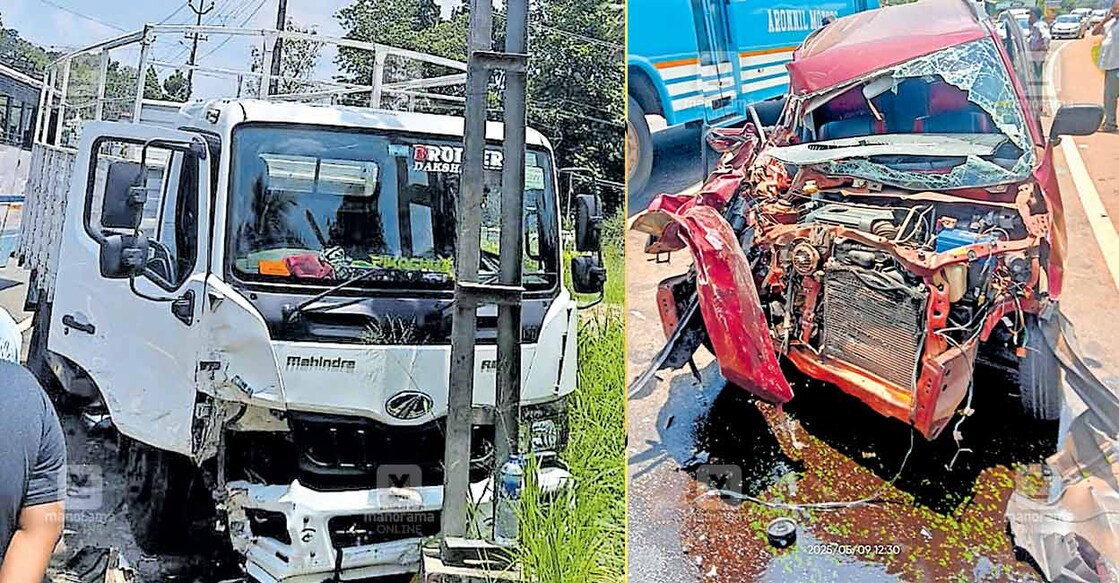pathanamthitta-accidents മന്ദമരുതി ആശുപത്രി പടിക്കു സമീപം ലോറിയുമായി കൂട്ടിയിടിച്ചു തകർന്ന കാർ.
