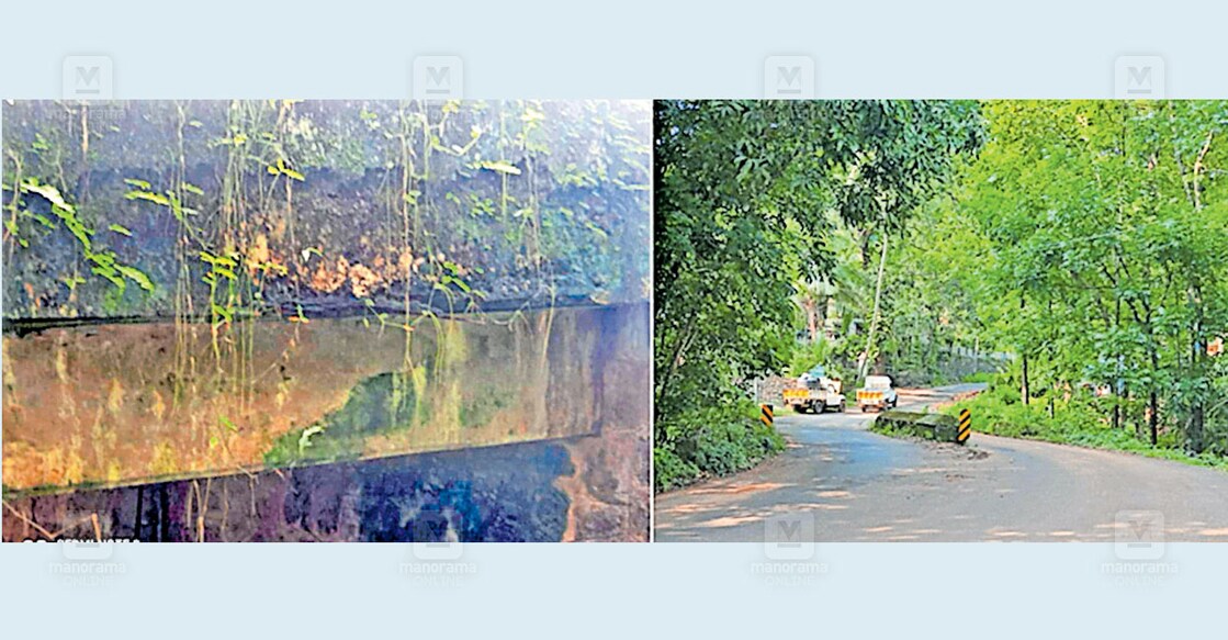 pulikkanpara-palam 1. പുളിക്കൻപാറ പാലത്തിന്റെ കോൺക്രീറ്റ് തകർന്നപ്പോൾ 2. ശോച്യാവസ്ഥയിലായ പാലത്തിലൂടെ വാഹനങ്ങൾ കടന്നുപോകുന്നു.