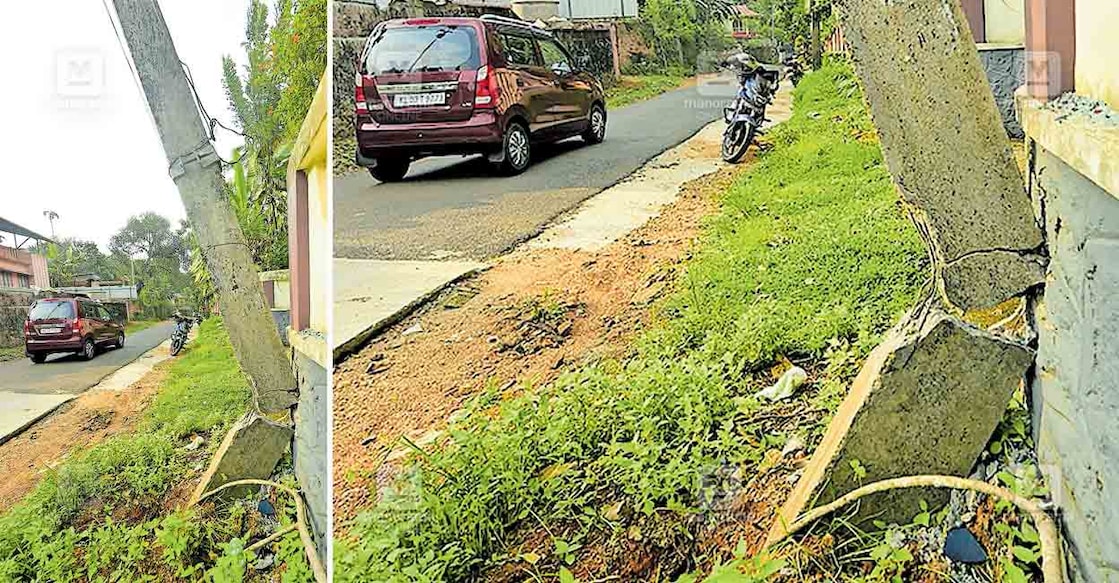 electric-post-danger വെട്ടൂർ– പുന്നൂർക്കടവ് റോഡിലെ വിളയിൽപടിയിൽ വാഹനം ഇടിച്ച് ഒടിഞ്ഞ വൈദ്യുതത്തൂൺ ചിത്രം:മനോരമ