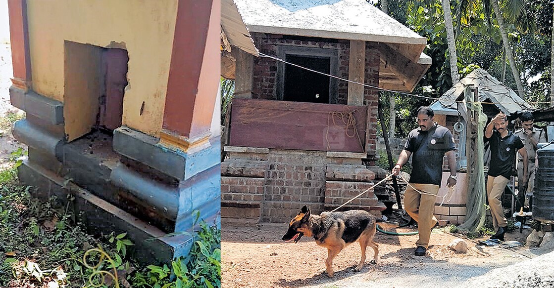 1- റോഡരികിൽ സ്ഥാപിച്ചിട്ടുള്ള തേരുവിള ദേവീക്ഷേത്രത്തിന്റെ കാണിക്ക വഞ്ചി കുത്തിപ്പൊളിച്ച നിലയിൽ. സമീപത്തായി മോഷ്ടാക്കൾ ഉപയോഗിച്ചതെന്നു കരുതുന്ന ഇരുമ്പുചുറ്റികയും കാണാം.  2- കാണിക്കവഞ്ചികൾ കുത്തിത്തുറന്ന സ്ഥലത്തെത്തിയ സാറ എന്ന പൊലീസ് നായ മണം പിടിച്ച് തേരുവിള ആലയിൽ ശ്രീരാമദാസ ഭജനമഠം ക്ഷേത്രത്തിനു സമീപം എത്തിയപ്പോൾ.  