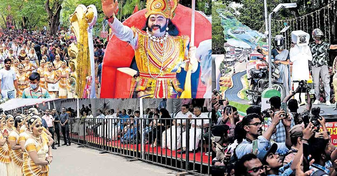 1, തിരുവനന്തപുരത്ത് ഓണം വാരാഘോഷത്തിന്റെ സമാപനം കുറിച്ചു നടന്ന ഘോഷയാത്രയിൽ  നിന്ന് . 2, തിരുവനന്തപുരത്ത് ഓണം വാരാഘോഷത്തിന്റെ സമാപനത്തോടനുബന്ധിച്ചു നടന്ന സാംസ്ക്കാരിക ഘോയാത്ര വീക്ഷിക്കുന്ന മുഖ്യമന്ത്രി പിണറായി വിജയനും സ്പീക്കർ എ.എൻ.ഷംസീറും. 3, ഓണം വാരാഘോഷത്തിന്റെ സമാപന ഘോഷയാത്രയിൽ 
എഐ ക്യാമറയുടെ ഫ്ലോട്ട്                                        ചിത്രം: മനോരമ                                                                                                                                         