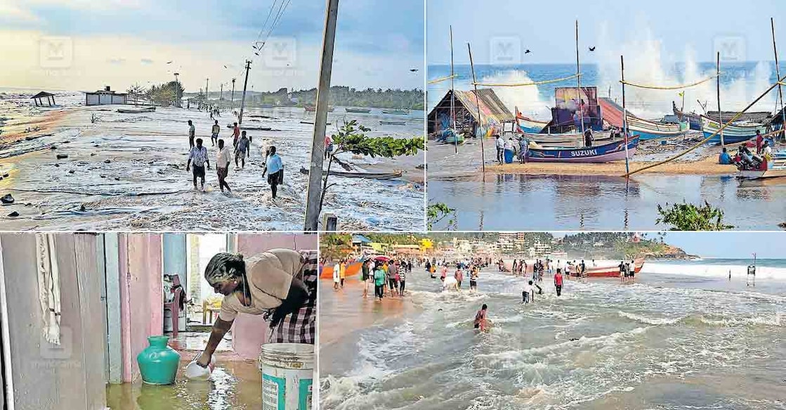 thiruvananthapuram-sea-attack-flood 1. പരുത്തിയൂരിൽ ഇന്നലെ ഉച്ചയോടെ ശക്തമായ കടലാക്രമണത്തെ തുടർന്ന് കടൽ മറുഭാഗത്തുള്ള നെയ്യാറിലേക്ക് നേരിട്ടൊഴുകിയ നിലയിൽ. 2. കടൽക്ഷോഭം രൂക്ഷമായതിനെത്തുടർന്ന് അടിമലത്തുറ തീരത്ത് രൂപപ്പെട്ട കൂറ്റൻ തിരകൾ. കടൽക്ഷോഭത്തിൽ തീരത്തെ കുടിലുകൾക്കും വള്ളങ്ങൾക്കും നാശം സംഭവിച്ചു. അടിമലത്തുറ തീരദേശ റോഡ് വെള്ളം കയറി വാഹന ഗതാഗതം തടസ്സപ്പെട്ടു. 3. ഇന്നലെ തെക്കേകൊല്ലങ്കോട് ഭാഗത്ത് വീടുകളിൽ കയറിയ വെള്ളം കോരി മാറ്റുന്ന വീട്ടമ്മ. 4. കോവളം ലൈറ്റ് ഹൗസ് തീരത്ത് ഇന്നലെ അപ്രതീക്ഷിത കടലേറ്റമുണ്ടായപ്പോൾ. ചിത്രം: ശ്രീലക്ഷ്മി ശിവദാസ് / മനോരമ