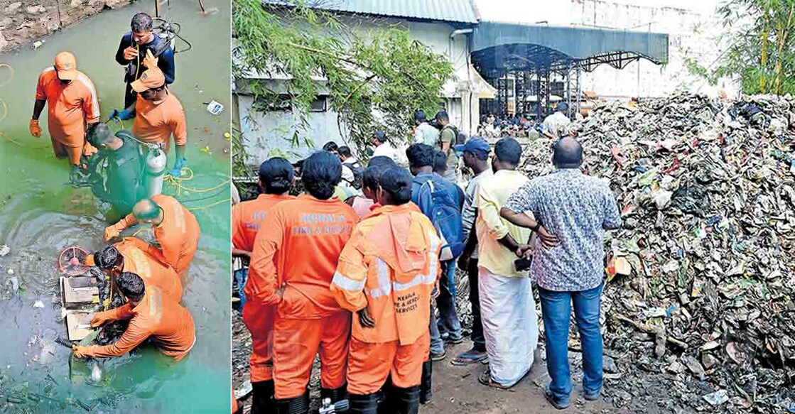 1. ആമയിഴഞ്ചാൻ തോട്ടിൽ ഇറക്കിയ റോബട്ടിന്റെ പ്രൊപ്പെല്ലറിൽ നിന്ന് മാലിന്യം നീക്കം ചെയ്യുന്നു . 2. ആമയിഴഞ്ചാൻ തോട്ടിൽ ശുചീകരണത്തിനിടെ കാണാതായ ജോയിക്കു വേണ്ടിയുള്ള തിരച്ചിലിന്റെ ഭാഗമായി റെയിൽവേ സ്റ്റേഷൻ പവർഹൗസ് ഗേറ്റിന്റെ ഭാഗത്തുള്ള തോട്ടിൽ നിന്നുള്ള മാലിന്യങ്ങൾ കരയ്ക്കടിപ്പിച്ചപ്പോൾ. 