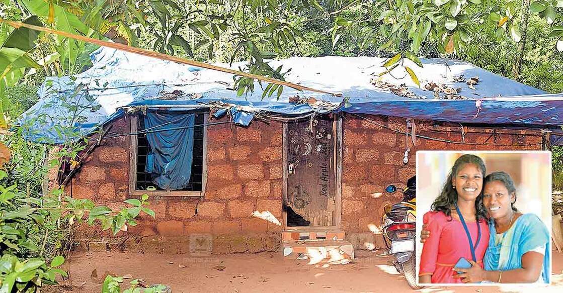 നയന മണികണ്ഠന്റെ തൃശൂർ നെല്ലായി ആലത്തൂരിലെ വീട്.(ഇൻസെറ്റിൽ)-മത്സരിക്കാൻ എത്തിയ നയന മണികണ്ഠൻ അമ്മ പ്രീതിക്കൊപ്പം.