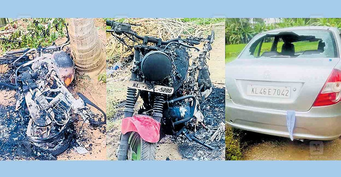 വിളവൂർക്കൽ കുരിശുമുട്ടത്ത് സംഘങ്ങളുടെ ഏറ്റുമുട്ടലിനിടെ കത്തിച്ച ബൈക്കുകളും ഗ്ലാസ് തകർന്ന കാറും.  
