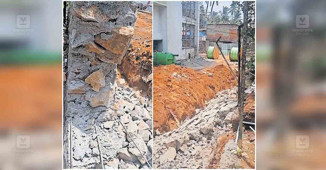 thiruvananthapuram-collapsed-wall 1. കർന്നുവീണ മതിൽക്കെട്ടിന്റെ അസ്തിവാരത്തിൽ കോൺക്രീറ്റ് ബെൽറ്റിനു പകരം കമ്പികൾ നിരത്തിയിട്ടിരിക്കുന്നു. 2. ചിറയിൻകീഴ് താലൂക്ക് ആശുപത്രി വളപ്പിൽ നിർമാണം പുരോഗമിക്കുന്ന ബഹുനിലമന്ദിരത്തോട് ചേർന്നു നിർമാണത്തിനിടെ തകർന്നുവീണ മതിൽക്കെട്ടിന്റെ ദൃശ്യം.