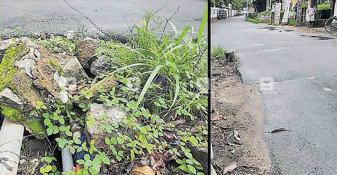 thrissur-road-condition മണലൂർ വെസ്റ്റ് റോഡിൽ ഗവ. ഹയർസെക്കൻഡറി സ്കൂൾ പരിസരത്ത് സംരക്ഷണഭിത്തി തകർന്ന കലുങ്ക്. 2. സമീപത്ത് അടയാളവരകൾ മാഞ്ഞുപോയ അപകടക്കെണിയായ ഹംപ്.