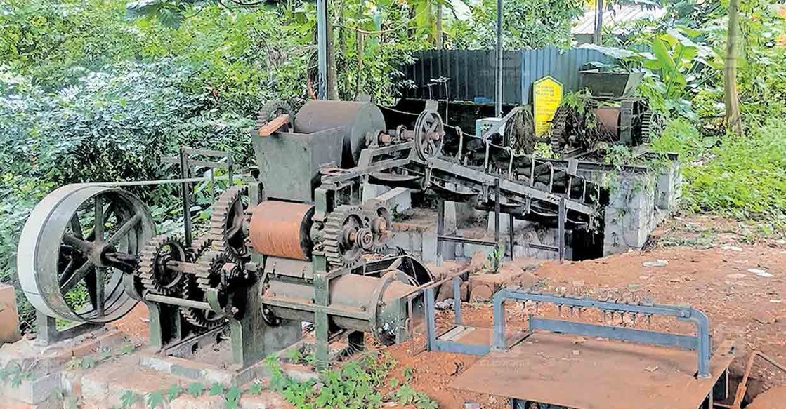 kottarakara-clay-pot-industry കൊടകര കുംഭാര നഗറിൽ പിന്നാക്ക വിഭാഗ വികസന വകുപ്പ് നിർമിച്ച മൺപാത്ര നിർമാണ യൂണിറ്റിലെ 25 ലക്ഷം രൂപ ചെലവിൽ സ്ഥാപിച്ച മണ്ണ് അരയ്ക്കുന്ന പഗ് മിൽ തുരുമ്പെടുത്ത് കാടുകയറി കിടക്കുന്നു.