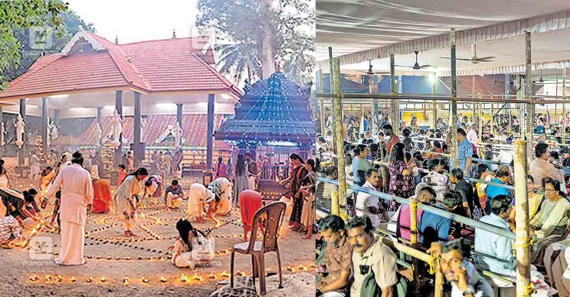 thissur-goruvazoor ഗുരുവായൂർ ചാമുണ്ഡേശ്വരി ക്ഷേത്രത്തിൽ വിഷുസംക്രമ സന്ധ്യയിൽ ഒരുക്കിയ ലക്ഷദീപം. ക്ഷേത്രാങ്കണത്തിൽ നൂറുകണക്കിന് ചെരാതുകളും നിലവിളക്കുകളും തെളിച്ചു. കലാനിലയം സുകുമാരൻ, മുള്ളത്ത് വേണുഗോപാൽ, സി.ബാലചന്ദ്രൻ എന്നിവർ നേതൃത്വം നൽകി, 2) ഗുരുവായൂർ ക്ഷേത്രത്തിൽ വിഷുക്കണി ദർശനത്തിനുള്ള പ്രത്യേക പന്തലിൽ കാത്തിരിക്കുന്ന ഭക്തർ. ഇന്നലെ രാത്രി 7നുള്ള ദൃശ്യം.