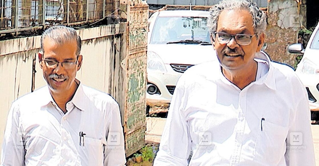 thrissur-mm-varghese കരുവന്നുർ സഹകരണ ബാങ്ക് തട്ടിപ്പു കേസുമായി ബന്ധപ്പെട്ടു സിപിഎം തൃശൂർ ജില്ലാ സെക്രട്ടറി എം.എം. വർഗീസ്, പാർട്ടി അന്വേഷണ കമ്മിഷൻ അംഗമായിരുന്ന പി.കെ. ഷാജൻ എന്നിവർ ഇഡി ഓഫിസിൽ എത്തിയപ്പോൾ.