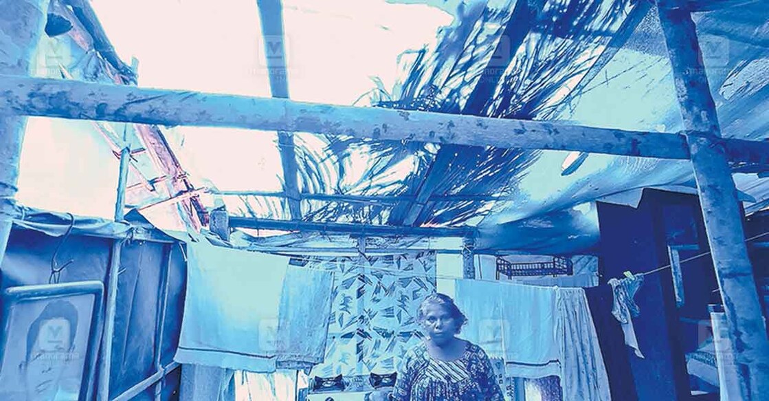 മരക്കമ്പുകളിൽ പ്ലാസ്റ്റിക് ഷീറ്റുകൾ വലിച്ചു കെട്ടിയുണ്ടാക്കിയ ചേമ്പോത്ത് ശാരദയുടെ കുടിലിന്റെ ഉൾവശം.