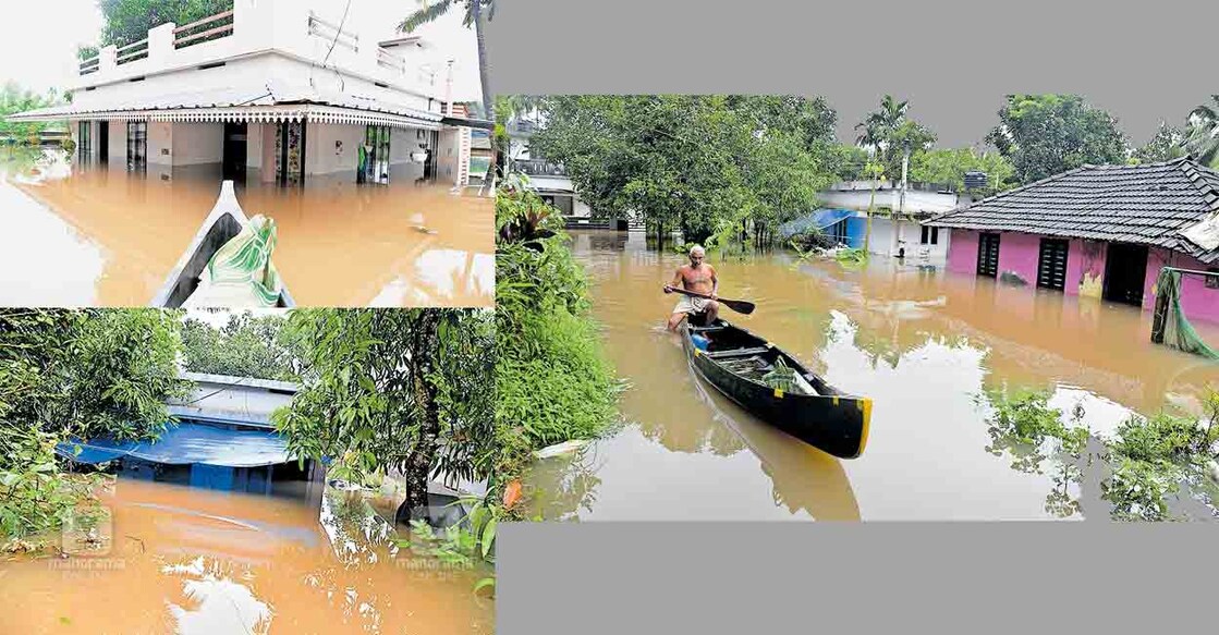 pariyaram1 ഇത് പരിയാരം; പരിഹാരമെന്ത് ? ചാലക്കുടി പരിയാരം മംഗലൻ ഗ്രാമത്തിലെ വീടുകളിൽ വെള്ളം കയറി. നാട്ടുകാരനായ അറയ്ക്കൽ വർഗീസ് വെള്ളം കയറിയ റോഡിലൂടെ ഊന്നിയ തോണിയിൽ സഞ്ചരിച്ച് മലയാള മനോരമ ഫൊട്ടോഗ്രഫർ ജീജോ ജോൺ പകർത്തിയ ദൃശ്യങ്ങൾ. വർഗീസിന് മീൻപിടിത്തമാണ് ജോലി. ഗ്രാമത്തിലെ 13 കുടുംബങ്ങളെ ക്യാംപിലേക്കു മാറ്റി. ആകെയുള്ള ഇരുപതു കുടുംബങ്ങളിൽ 13 വീട്ടുകാരാണ് സെന്റ് ജോർജ്സ് സ്കൂളിൽ ഒരുക്കിയ ക്യാംപിൽ കഴിയുന്നത്.