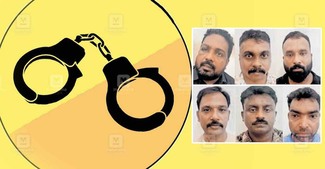 kodunjallor-5-arrest അറസ്റ്റിലായ രാജേഷ്, രാജേഷിന്റെ സ്വർണവും പണവും കവർന്ന കേസിൽ പിടിയിലായ ഷാനവാസ്, ഫാസിൽ, ഹനീസ്, വിജേഷ്, ഷാനവാസ് (ഷാനു) എന്നിവരും.