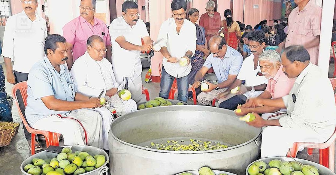 പാവറട്ടി തിരുനാളിനോടനുബന്ധിച്ച് കലവറയിൽ നേർച്ച ഊട്ടിനുള്ള ചെത്ത് മാങ്ങ അച്ചാർ 
തയാറാക്കുന്നതിനുള്ള ഒരുക്കങ്ങൾ.  

