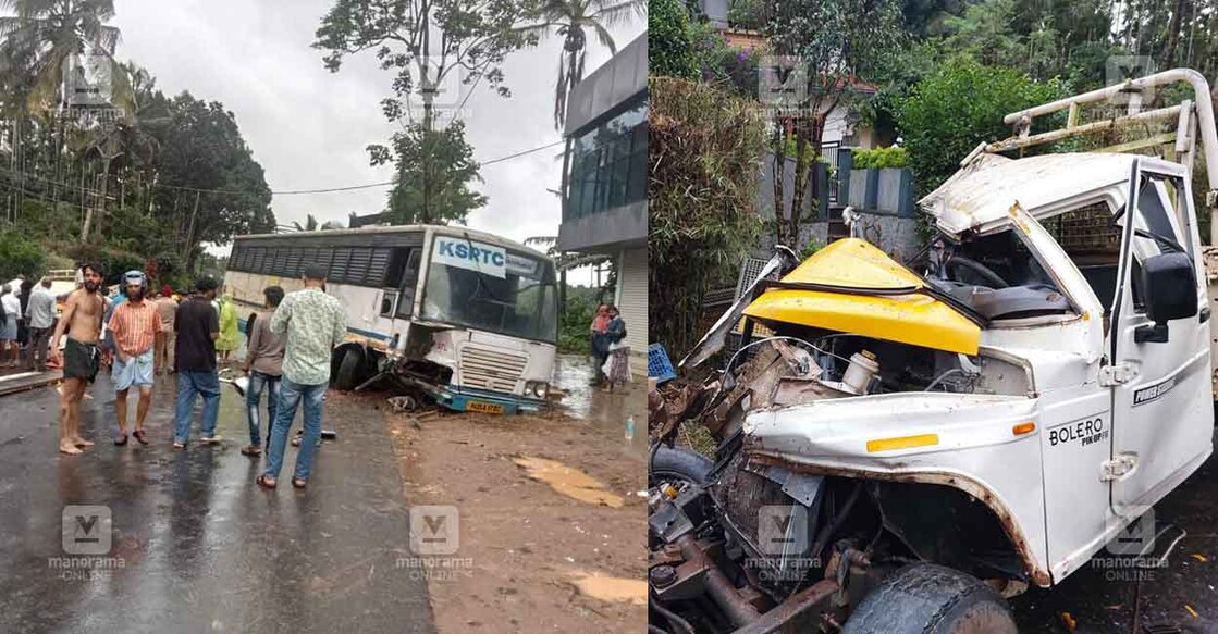 അപകടത്തിൽപ്പെട്ട കെഎസ്ആർടിസി ബസും പിക്കപ്പ് വാനും.