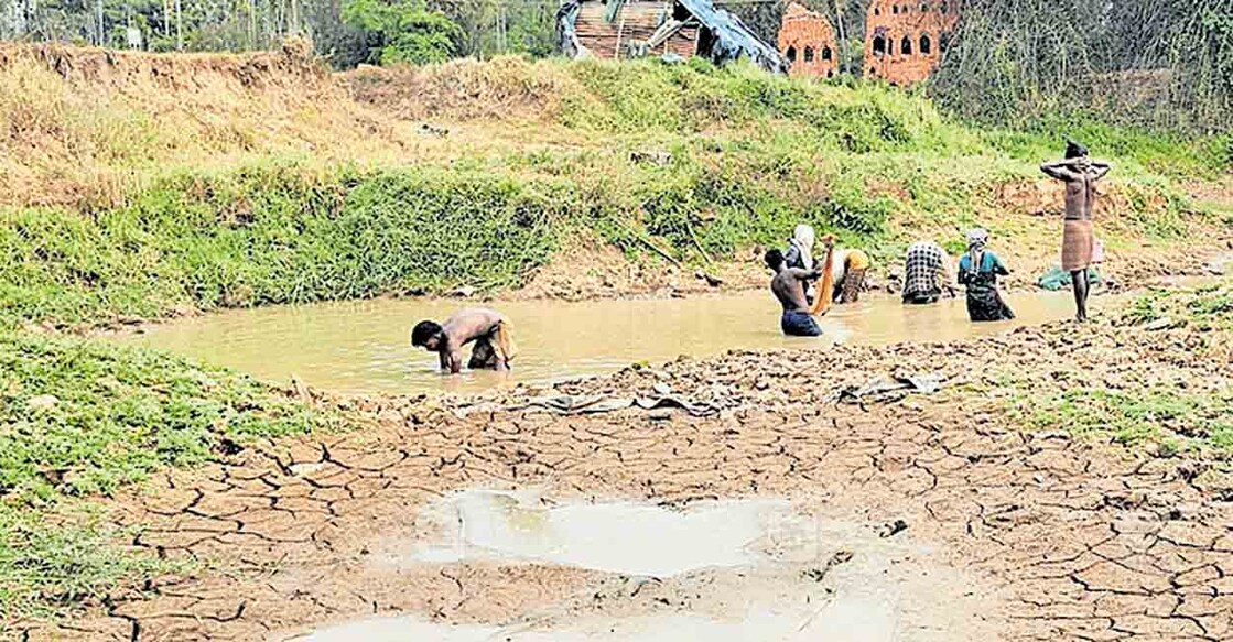 മാത്തൂർ വയലിനും ചെറിയ പുഴയ്ക്കും ഇടയിലുള്ള ഇഷ്ടികക്കളത്തിലെ വെള്ളക്കെട്ടിൽ മീൻ പിടിക്കുന്നവർ.  