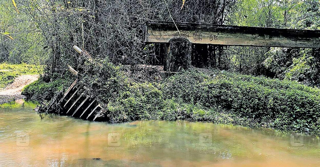 അയനിമല ഊരിലേക്ക് എത്താൻ വർഷങ്ങൾക്ക് മുൻപ് നിർമിച്ച കോൺക്രീറ്റ് പാലവും ഗതിമാറി ഒഴുകുന്ന പുഴയും.  