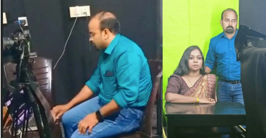 teleprompter മീഡിയ സ്റ്റഡീസ് ഡിപ്പാർട്ട്മെന്റ് സ്വന്തമായി നിർമ്മിച്ച ടെലിപ്രോംപ്റ്ററിൽ വിദ്യാർത്ഥികളെ പരിശീലിപ്പിക്കുന്ന വകുപ്പ് മേധാവി ഗിൽബർട്ട് എ. ആർ