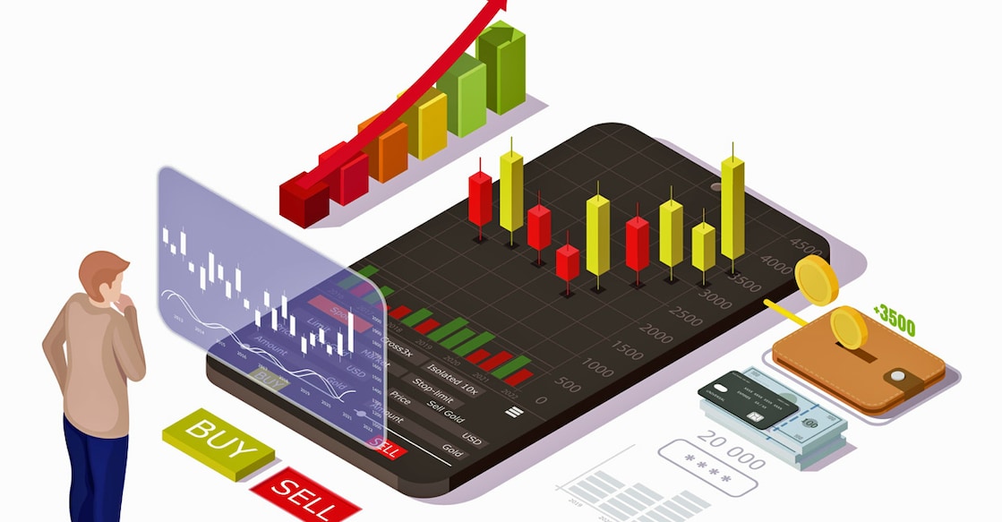 Businessman investing in stock market, flat vector isometric illustration. Mobile stock trading concept. Businessman investing in stock market, flat vector isometric illustration. Mobile stock trading concept.
