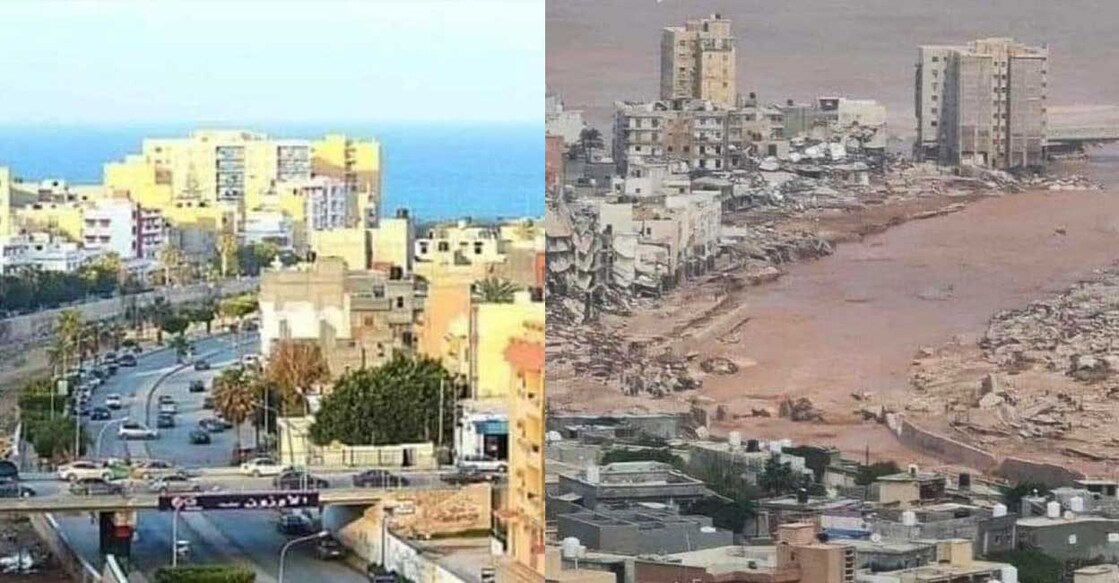 derna-new-after ഡെർന നഗരം പ്രളയത്തിനു മുൻപും ശേഷവും (Photo: Twitter/@WxNB_)