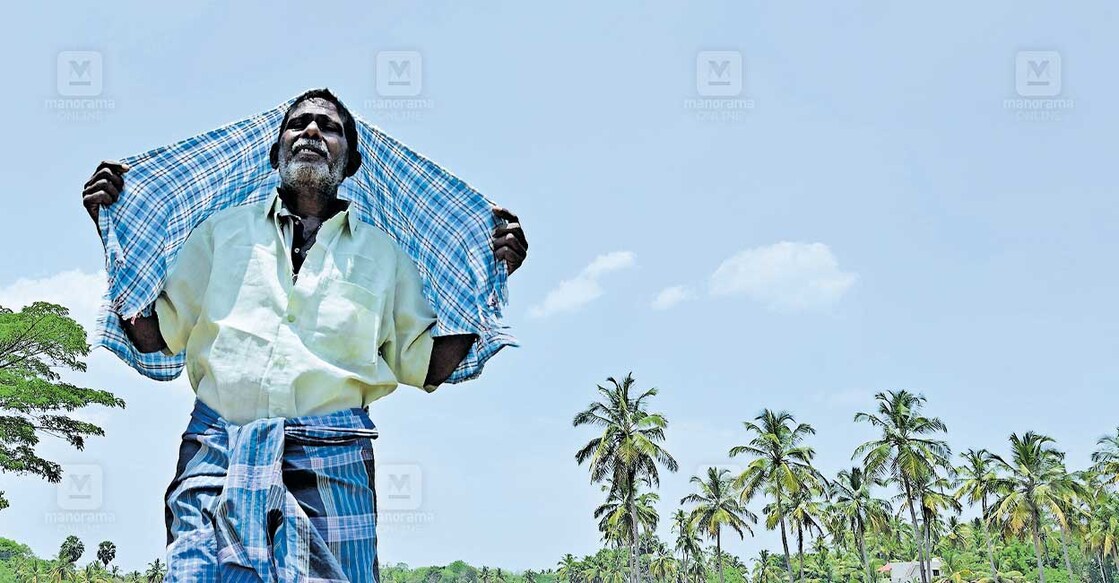 കനത്ത ചൂടിൽ നിന്ന് രക്ഷപ്പെടാനായി തലയിൽ തോർത്തിട്ട് നിൽക്കുന്നയാൾ. പാലക്കാടുനിന്നുള്ള കാഴ്ച. ചിത്രം∙ മനോരമ