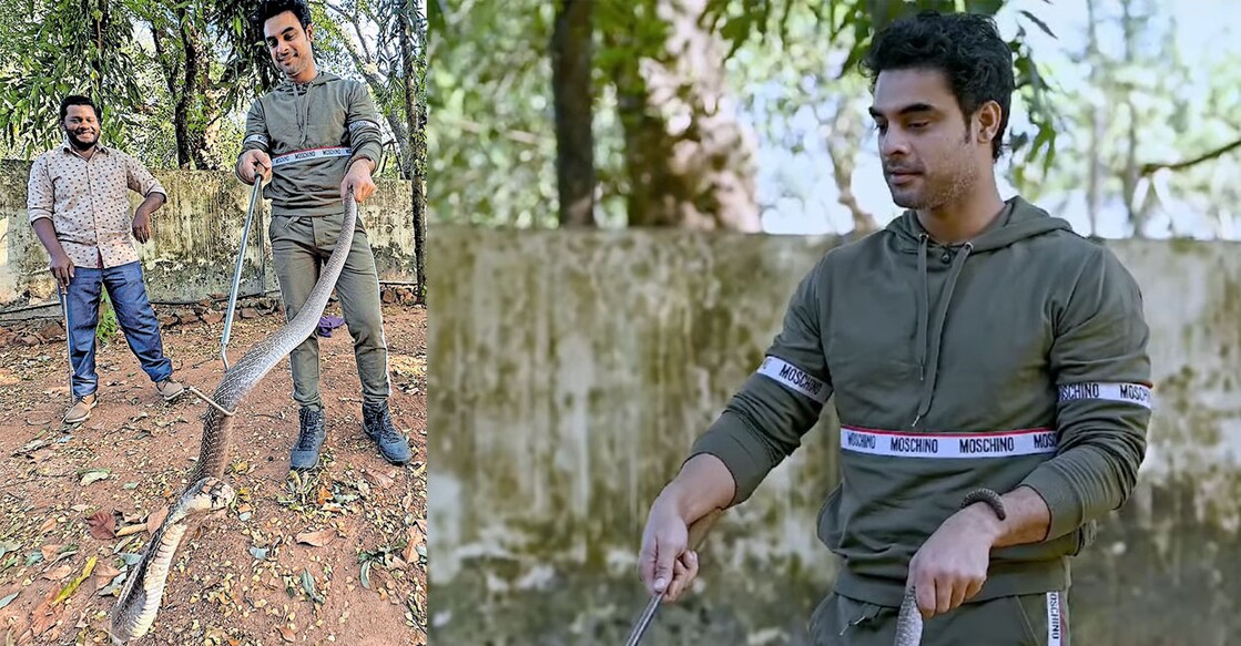മൂർഖൻ പാമ്പിനെ പിടിക്കുന്ന ടൊവിനോ തോമസ് (PHOTO:Facebook/Kerala Forest and Wildlife Department)