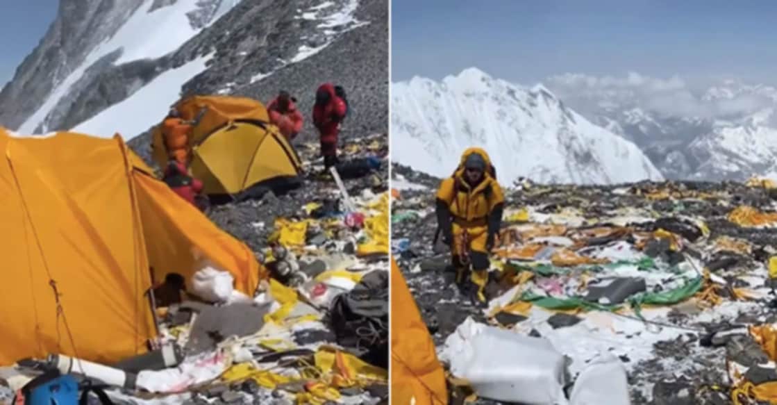 Video Shows Shocking Amount Of Garbage Piling Up At Mount Everest Campsite Grab Image from video shared on Twitter by EverestToday